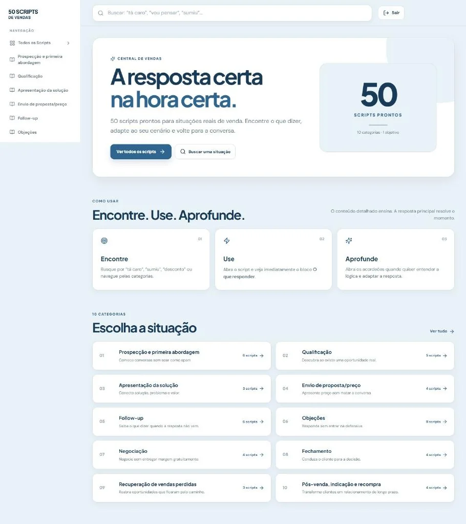 Tela real do Web App 50 Scripts de Vendas
